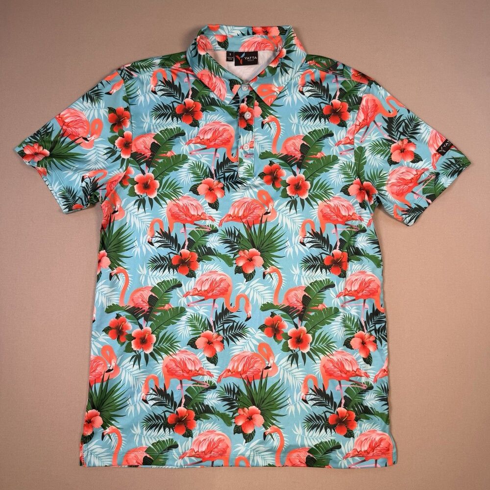 Yatta Golf Polo Shirt Mens Small Multicolor Flamingo Hawaiian Golf Stretch